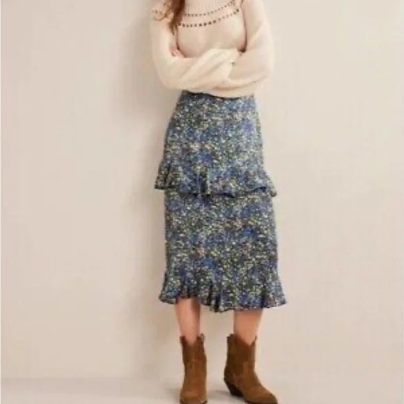 BODEN Satin Ruffle Midi Skirt - Nebulas Blue Floral Print US 10 NEW - Picture 1 of 5